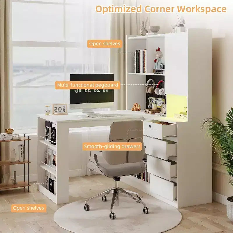 MooxvMoo Left L Shaped Wooden Desk w/ Charging Station, LED Lights, Drawers and Bookshelf, Modern Corner Computer Table for Home Office Gaming, White
