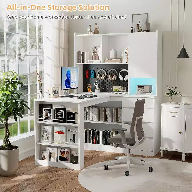 MooxvMoo Left L Shaped Wooden Desk w/ Charging Station, LED Lights, Drawers and Bookshelf, Modern Corner Computer Table for Home Office Gaming, White