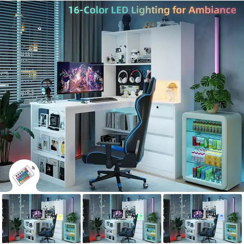 MooxvMoo Left L Shaped Wooden Desk w/ Charging Station, LED Lights, Drawers and Bookshelf, Modern Corner Computer Table for Home Office Gaming, White