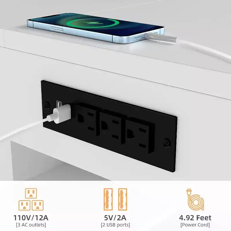 MooxvMoo Left L Shaped Wooden Desk w/ Charging Station, LED Lights, Drawers and Bookshelf, Modern Corner Computer Table for Home Office Gaming, White