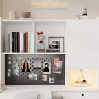 MooxvMoo Left L Shaped Wooden Desk w/ Charging Station, LED Lights, Drawers and Bookshelf, Modern Corner Computer Table for Home Office Gaming, White