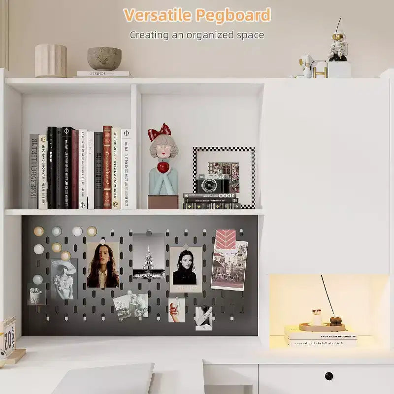 MooxvMoo Left L Shaped Wooden Desk w/ Charging Station, LED Lights, Drawers and Bookshelf, Modern Corner Computer Table for Home Office Gaming, White