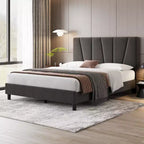 Full Size Adjustable Headboard Bed Frame, Linen Upholstered Platform Bed with Sturdy Wooden Slats, Mattress Foundation, No Box Spring Needed