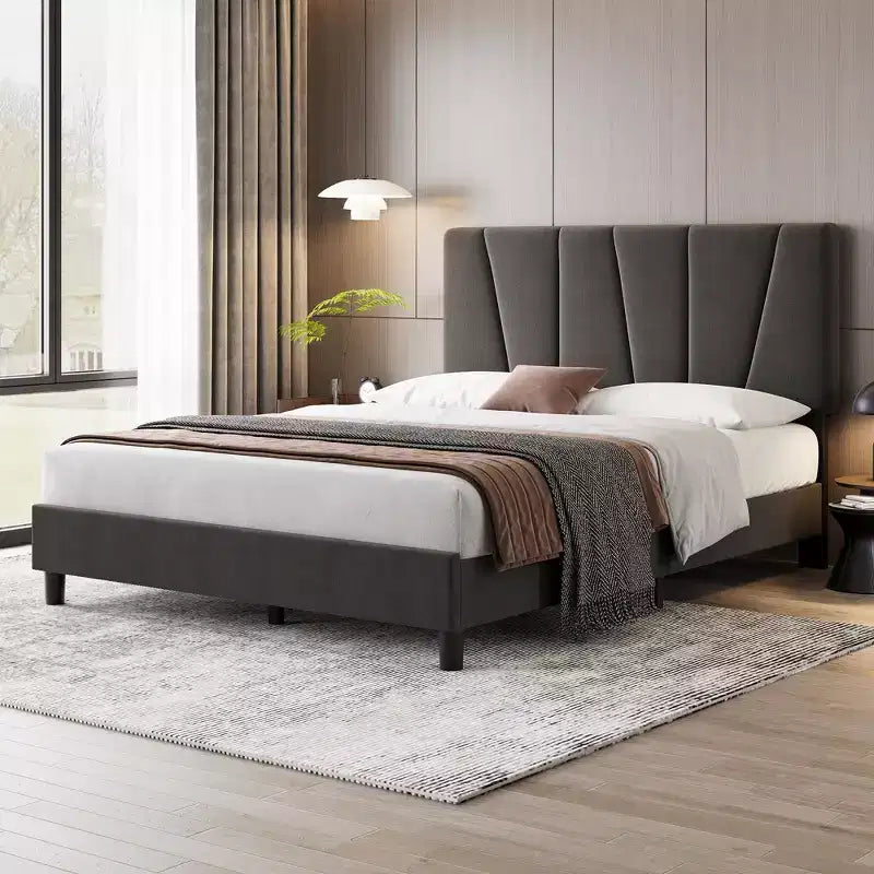 Full Size Adjustable Headboard Bed Frame, Linen Upholstered Platform Bed with Sturdy Wooden Slats, Mattress Foundation, No Box Spring Needed