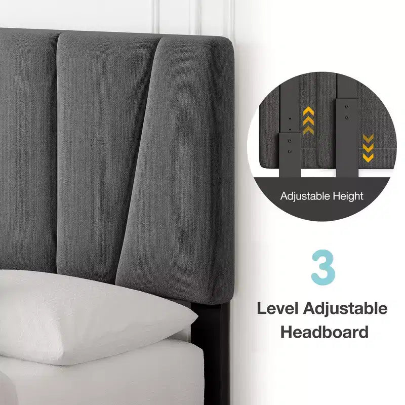 Full Size Adjustable Headboard Bed Frame, Linen Upholstered Platform Bed with Sturdy Wooden Slats, Mattress Foundation, No Box Spring Needed