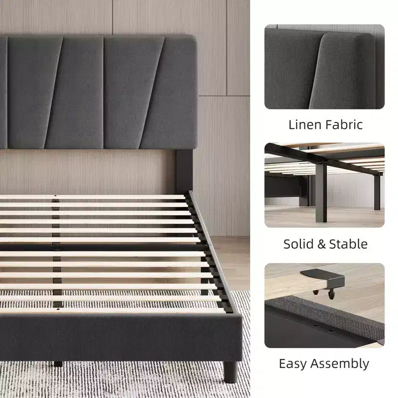 Full Size Adjustable Headboard Bed Frame, Linen Upholstered Platform Bed with Sturdy Wooden Slats, Mattress Foundation, No Box Spring Needed