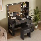 Coiffeuse avec miroir, table de maquillage de 104 cm de large avec 5 tiroirs et étagères de rangement ouvertes, ensemble de coiffeuse avec tabouret rembourré pour chambre.