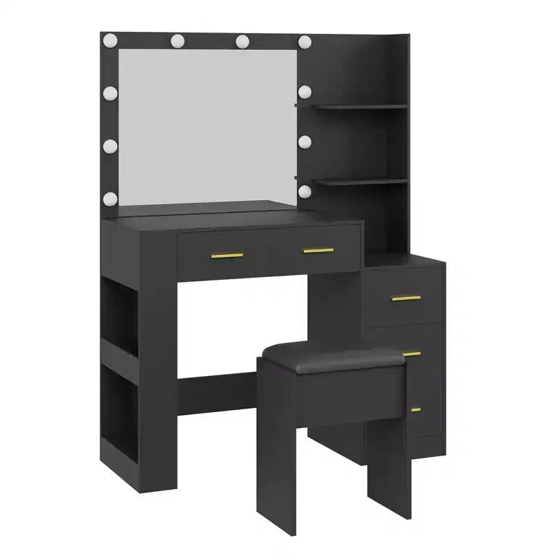 Coiffeuse avec miroir, table de maquillage de 104 cm de large avec 5 tiroirs et étagères de rangement ouvertes, ensemble de coiffeuse avec tabouret rembourré pour chambre.
