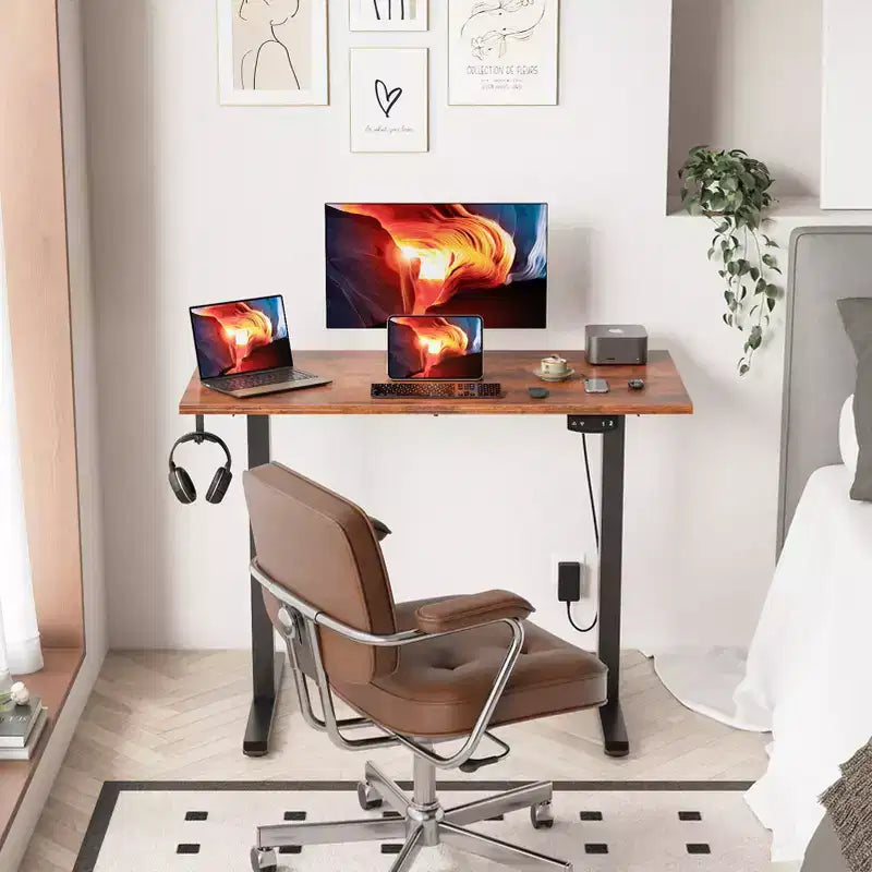Qwatto 40 Inch Electric Standing Desk Adjustable Height Sit to Stand PC Desktop Workstation with Memory Presets Home Office Gaming Rustic Brown