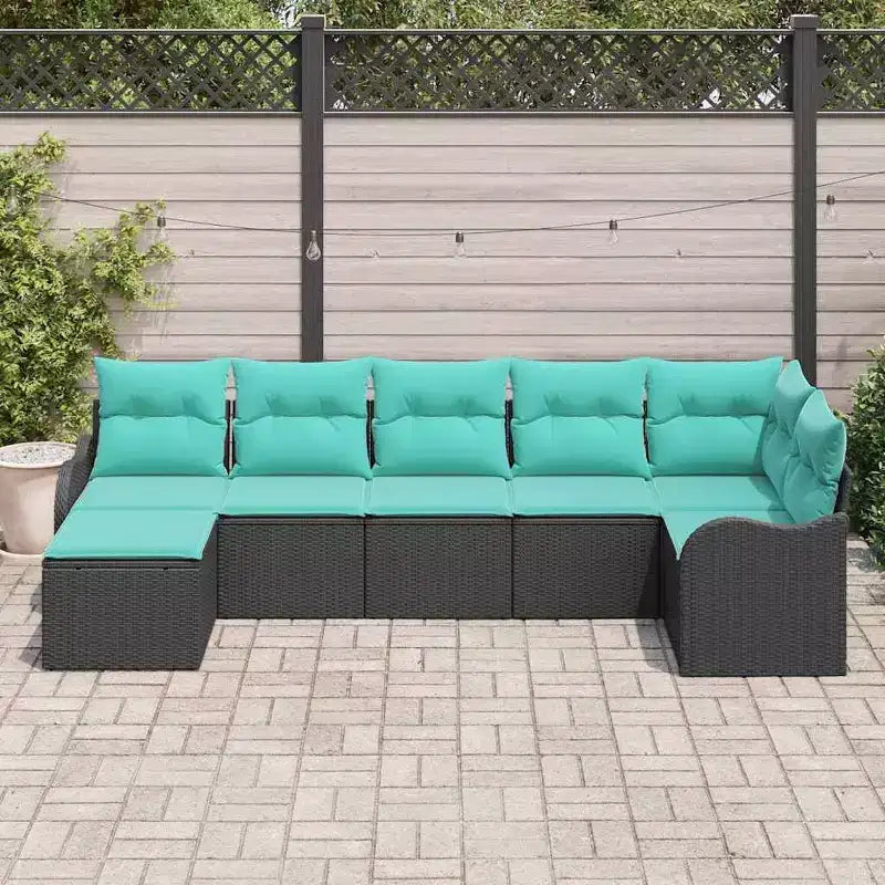 vidaXL Ensemble de canapés de jardin 7 pcs Noir et turquoise Rotin PE - Noir et turquoise sans table