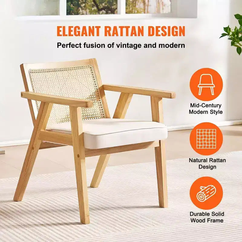 Fauteuil d'appoint moderne du milieu du siècle en rotin avec coussin en velours et cadre en bois massif beige