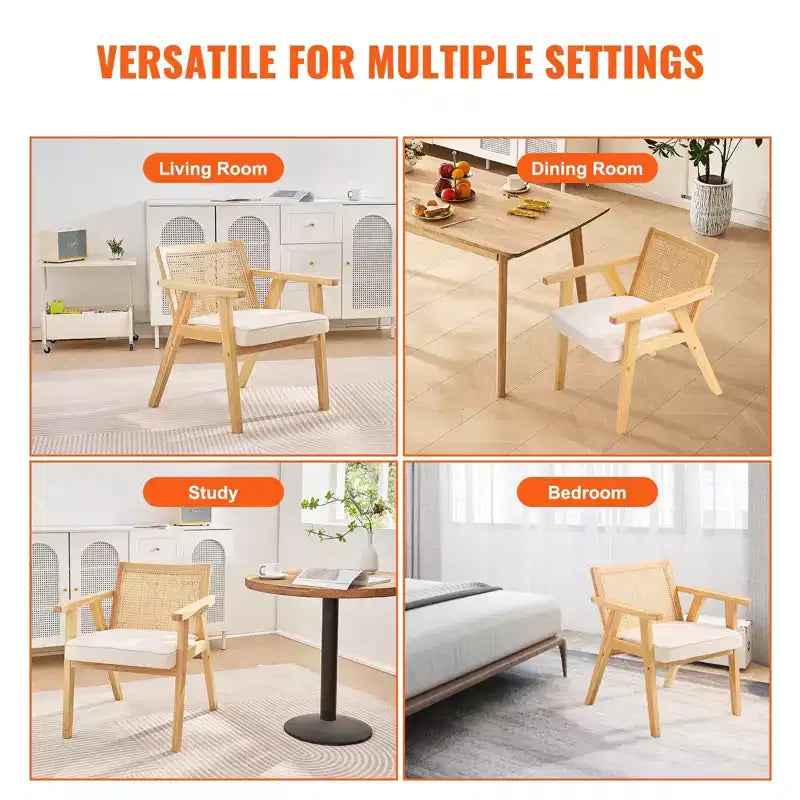 Fauteuil d'appoint moderne du milieu du siècle en rotin avec coussin en velours et cadre en bois massif beige