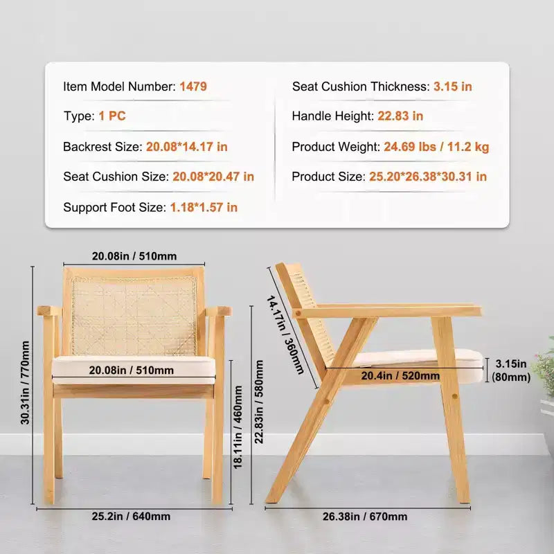 Fauteuil d'appoint moderne du milieu du siècle en rotin avec coussin en velours et cadre en bois massif beige