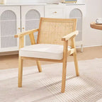 Fauteuil d'appoint moderne du milieu du siècle en rotin avec coussin en velours et cadre en bois massif beige