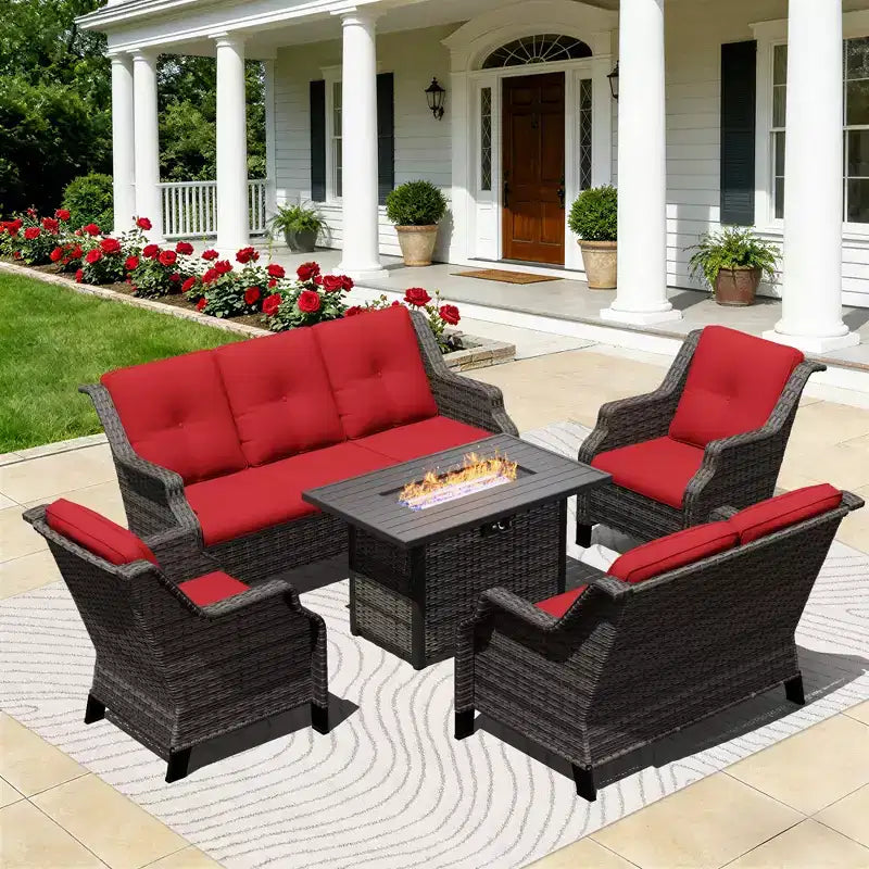 Ensemble de luxe extérieur UPTIOT avec canapé 3 places, causeuse, chaises pivotantes et foyer pour un confort en toutes saisons