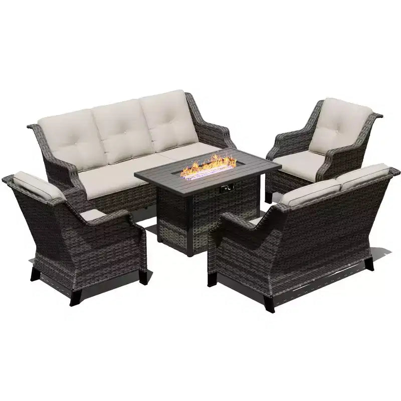 Ensemble de luxe extérieur UPTIOT avec canapé 3 places, causeuse, chaises pivotantes et foyer pour un confort en toutes saisons