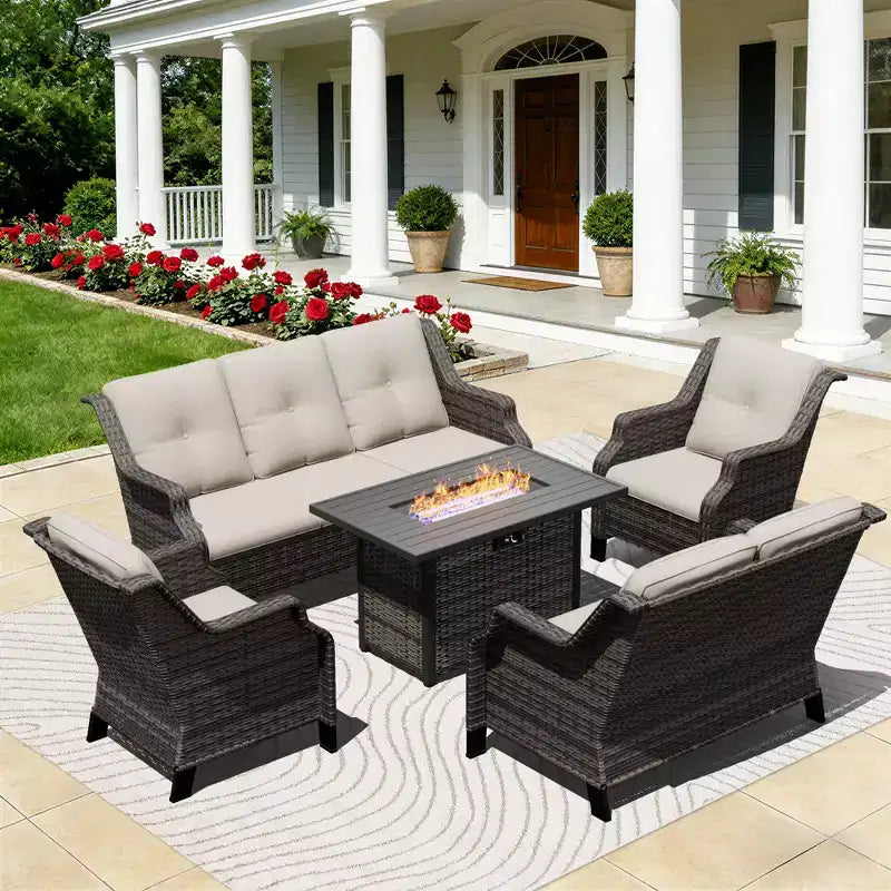 Ensemble de luxe extérieur UPTIOT avec canapé 3 places, causeuse, chaises pivotantes et foyer pour un confort en toutes saisons
