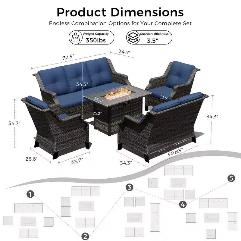 Ensemble de luxe extérieur UPTIOT avec canapé 3 places, causeuse, chaises pivotantes et foyer pour un confort en toutes saisons