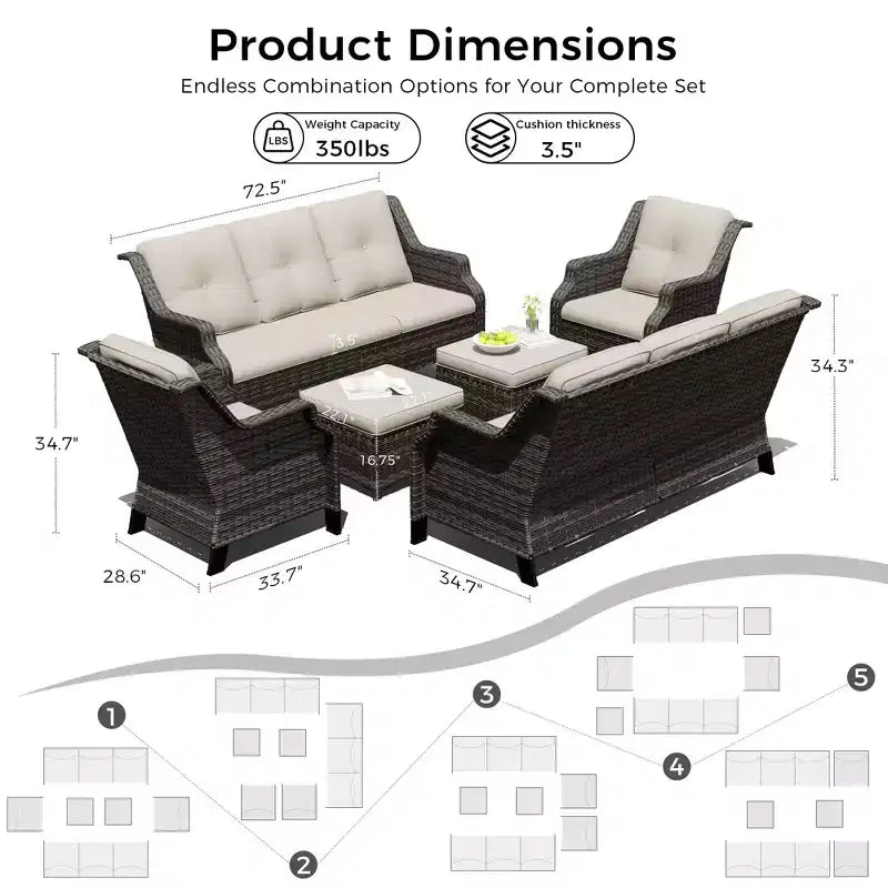 Ensemble modulaire d'extérieur UPTIOT 6 pièces avec deux canapés de 72,5, des fauteuils pivotants et une paire de poufs