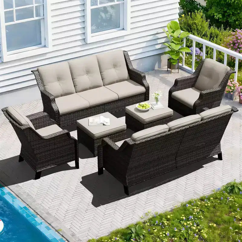 Ensemble modulaire d'extérieur UPTIOT 6 pièces avec deux canapés de 72,5, des fauteuils pivotants et une paire de poufs