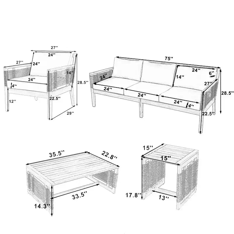 GDFStudio Brynn Patio 5 Piece Acacia Wood Seating Set with Rope Weave Design