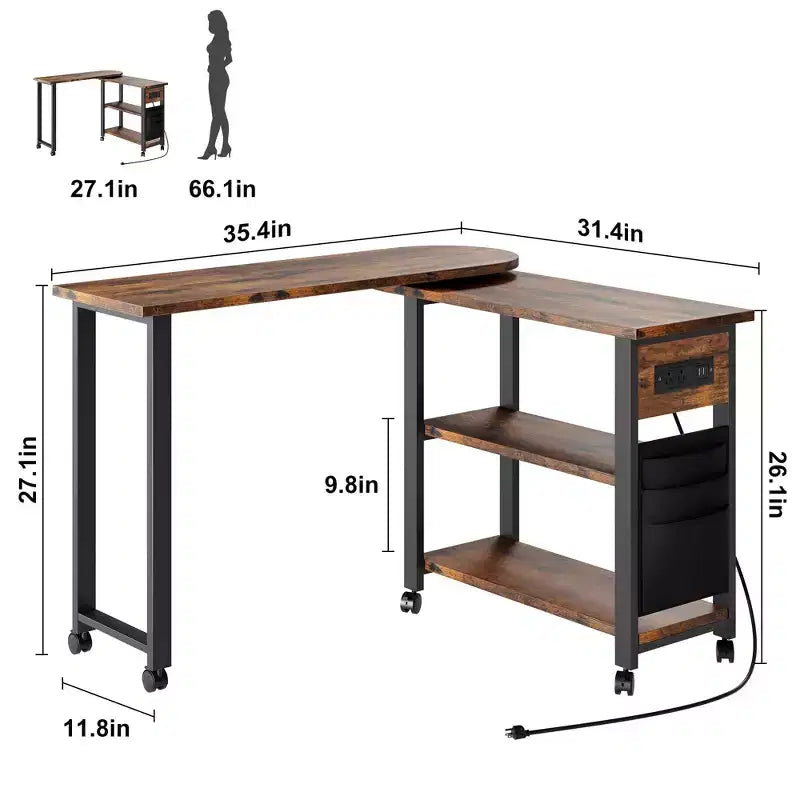 Table d'appoint rotative à 360° avec station de charge et sac de rangement, table de canapé mobile pivotante avec 6 roues verrouillables, table d'appoint mobile pour chambre et salon