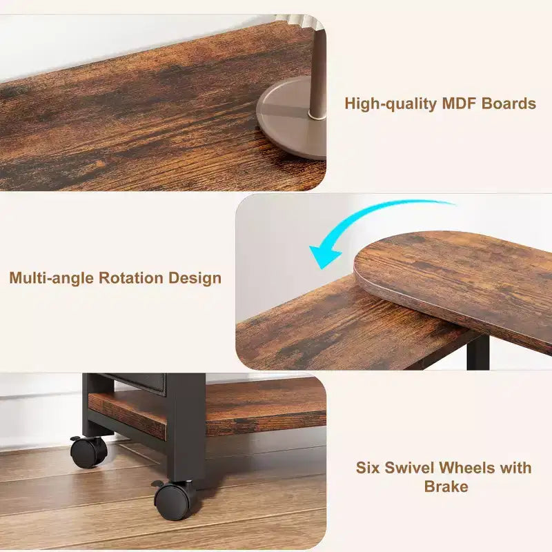 Table d'appoint rotative à 360° avec station de charge et sac de rangement, table de canapé mobile pivotante avec 6 roues verrouillables, table d'appoint mobile pour chambre et salon