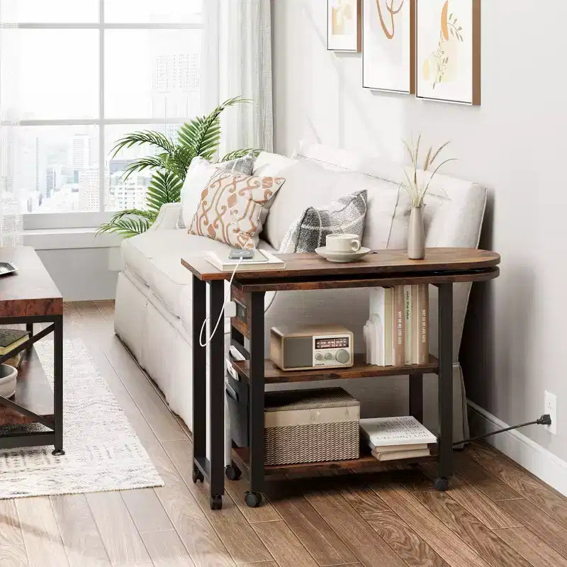 Table d'appoint rotative à 360° avec station de charge et sac de rangement, table de canapé mobile pivotante avec 6 roues verrouillables, table d'appoint mobile pour chambre et salon
