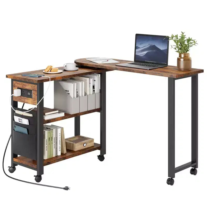 Table d'appoint rotative à 360° avec station de charge et sac de rangement, table de canapé mobile pivotante avec 6 roues verrouillables, table d'appoint mobile pour chambre et salon
