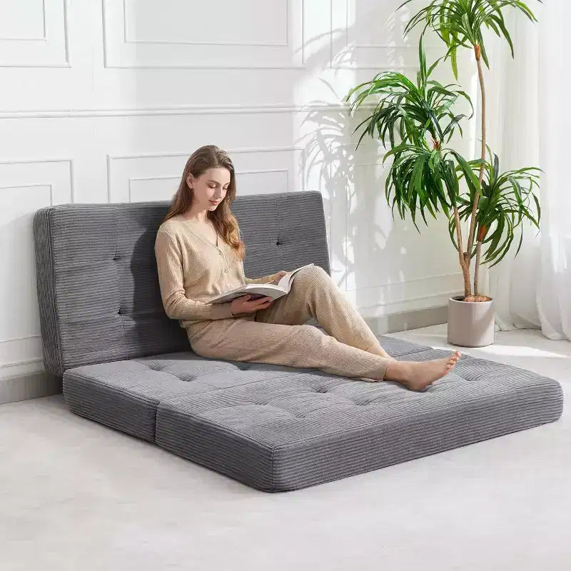 Matelas pliable 3 volets, 80,4x60, en mousse, canapé/lit d'appoint, velours côtelé capitonné, portable et offrant un bon maintien pour le camping/salon/chambre, gris