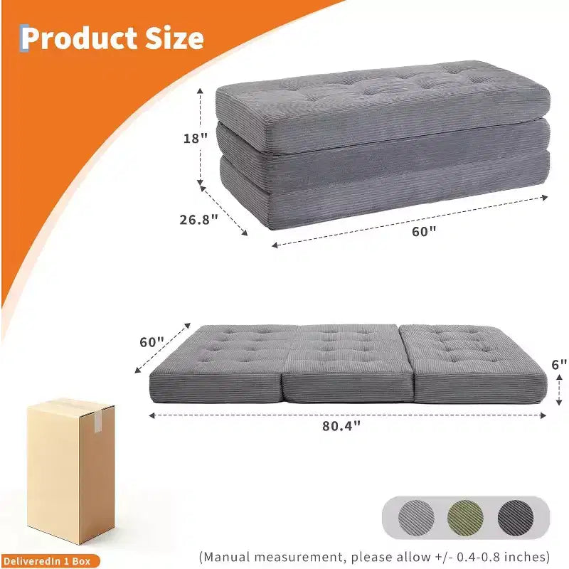 Matelas pliable 3 volets, 80,4x60, en mousse, canapé/lit d'appoint, velours côtelé capitonné, portable et offrant un bon maintien pour le camping/salon/chambre, gris