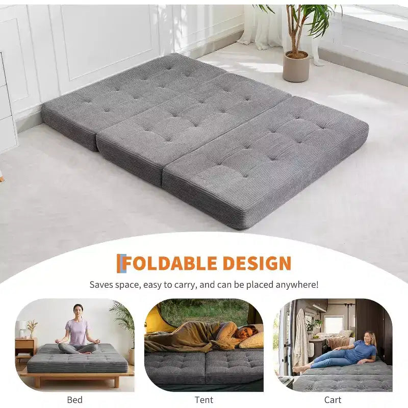 Matelas pliable 3 volets, 80,4x60, en mousse, canapé/lit d'appoint, velours côtelé capitonné, portable et offrant un bon maintien pour le camping/salon/chambre, gris