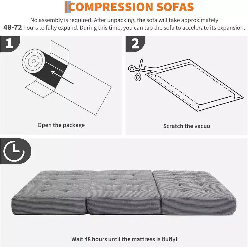 Matelas pliable 3 volets, 80,4x60, en mousse, canapé/lit d'appoint, velours côtelé capitonné, portable et offrant un bon maintien pour le camping/salon/chambre, gris