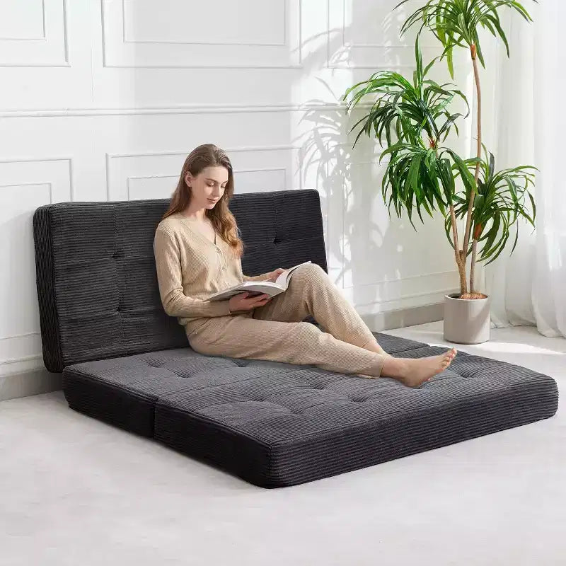 Matelas pliable 3 volets, 80,4x60, en mousse, canapé/lit d'appoint, velours côtelé capitonné, portable et offrant un bon maintien pour le camping/salon/chambre, gris