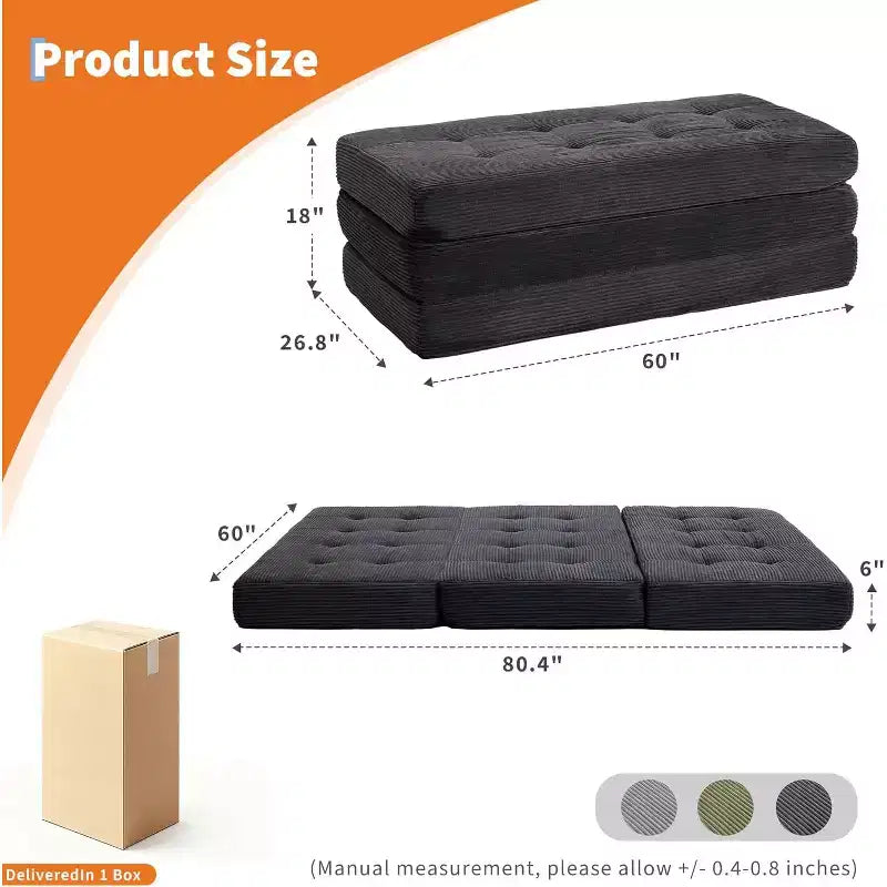 Matelas pliable 3 volets, 80,4x60, en mousse, canapé/lit d'appoint, velours côtelé capitonné, portable et offrant un bon maintien pour le camping/salon/chambre, gris