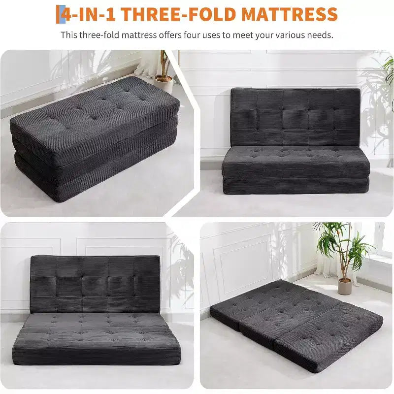 Matelas pliable 3 volets, 80,4x60, en mousse, canapé/lit d'appoint, velours côtelé capitonné, portable et offrant un bon maintien pour le camping/salon/chambre, gris