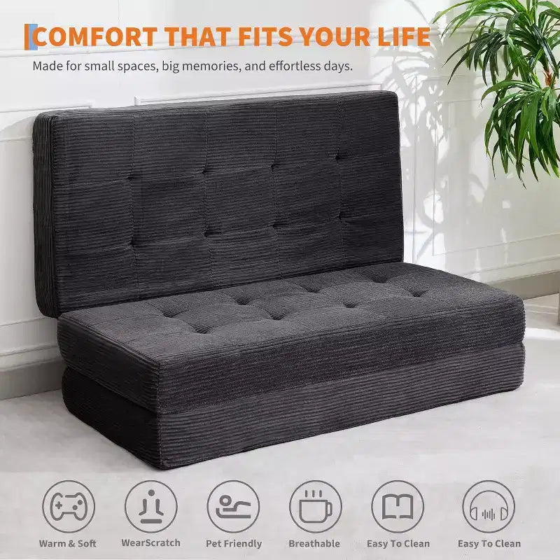 Matelas pliable 3 volets, 80,4x60, en mousse, canapé/lit d'appoint, velours côtelé capitonné, portable et offrant un bon maintien pour le camping/salon/chambre, gris