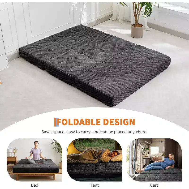 Matelas pliable 3 volets, 80,4x60, en mousse, canapé/lit d'appoint, velours côtelé capitonné, portable et offrant un bon maintien pour le camping/salon/chambre, gris