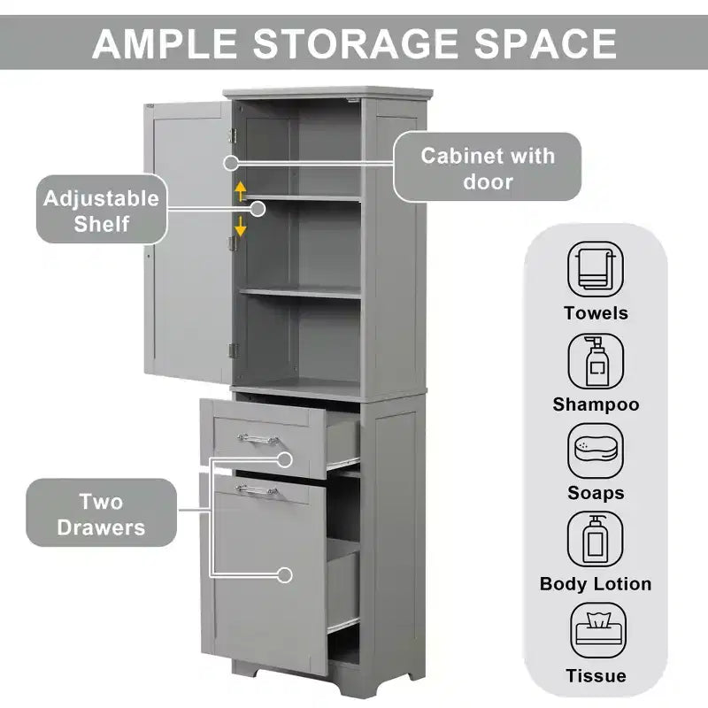Tall Bathroom Storage Cabinet, Freestanding Storage Cabinet with Two Drawers and Adjustable Shelves