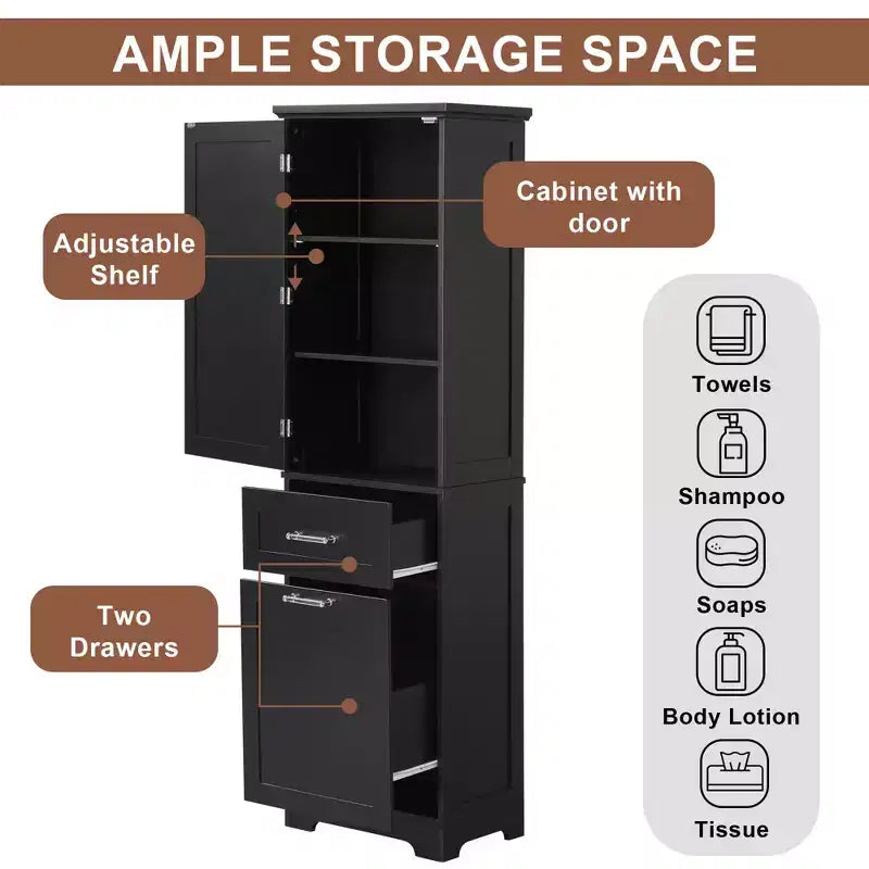 Tall Bathroom Storage Cabinet, Freestanding Storage Cabinet with Two Drawers and Adjustable Shelves