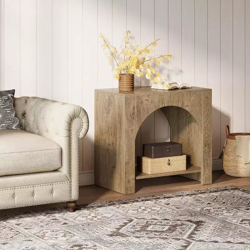 Lantine Farmhouse End Side Table: Large, heavy-duty wooden pedestal, storage, for living room/bedroom, accent furniture, Light Brown Oak.