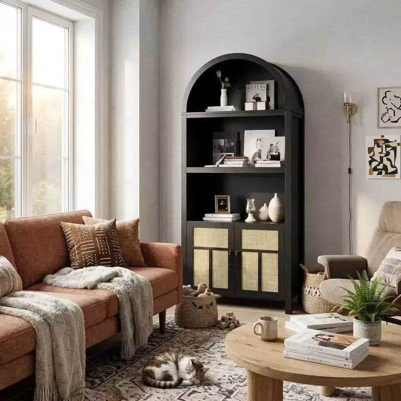 Meuble de rangement FurnitureR Bibliothèque cintrée avec portes en rotin, Étagère haute de présentation avec rangement pour salon, chambre à coucher, organisateur d'entrée