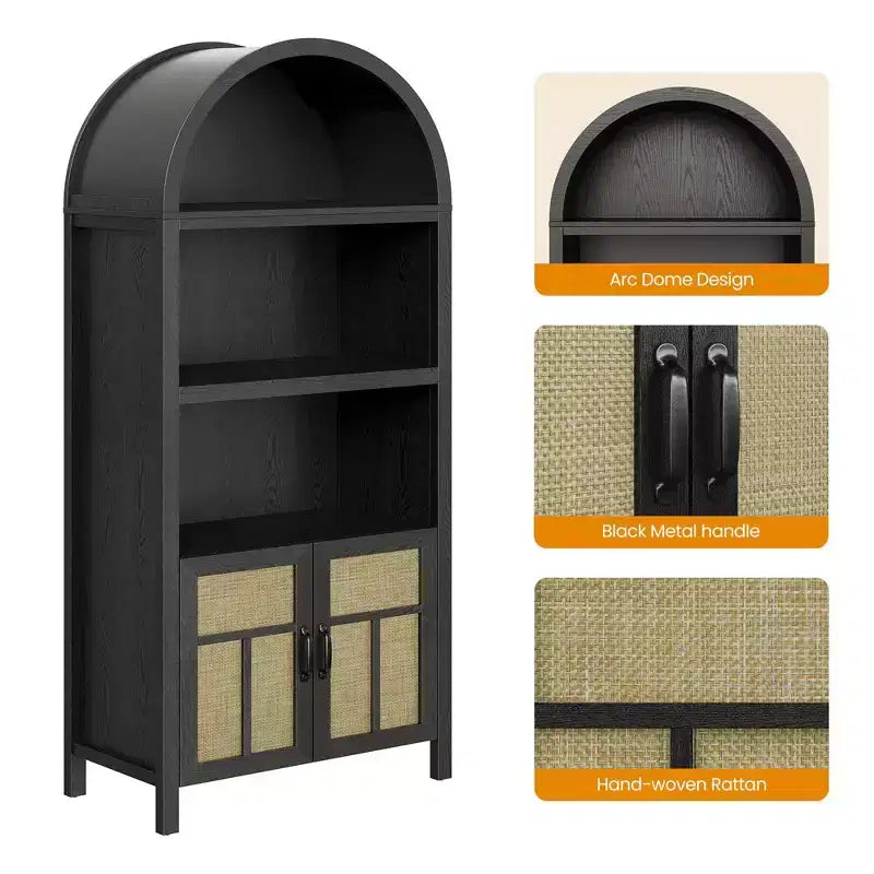 Meuble de rangement FurnitureR Bibliothèque cintrée avec portes en rotin, Étagère haute de présentation avec rangement pour salon, chambre à coucher, organisateur d'entrée