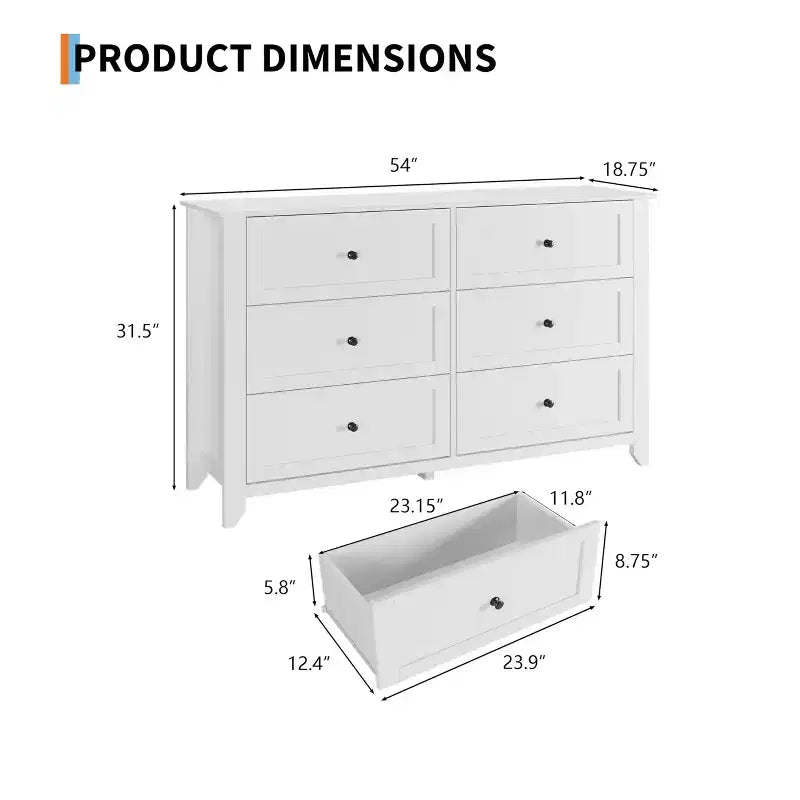 Commode Acekool Blanche à 6 Tiroirs, Meuble de Rangement en Bois avec Poignées Métalliques pour Chambre, Salon, Entrée