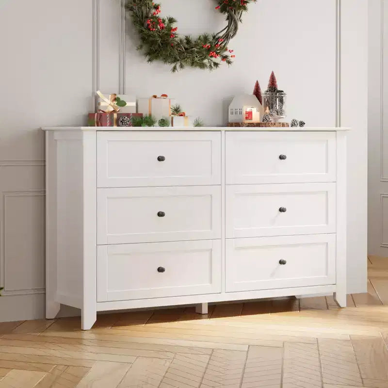 Commode Acekool Blanche à 6 Tiroirs, Meuble de Rangement en Bois avec Poignées Métalliques pour Chambre, Salon, Entrée