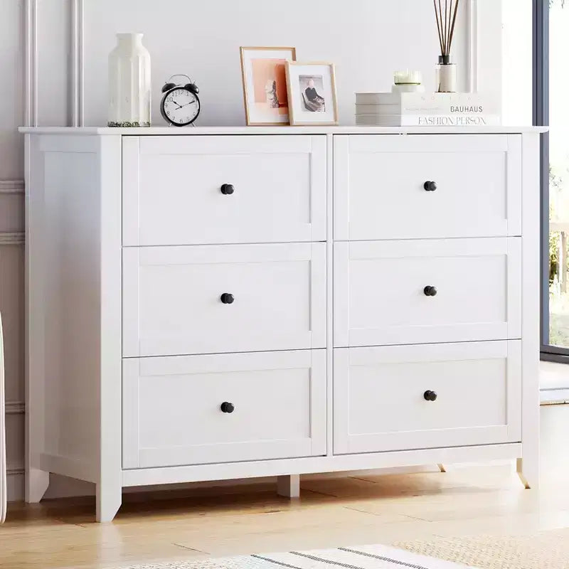 Commode Acekool Blanche à 6 Tiroirs, Meuble de Rangement en Bois avec Poignées Métalliques pour Chambre, Salon, Entrée