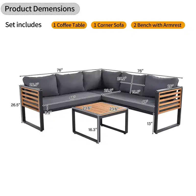 GDFStudio Cameron Patio Modern Acacia Wood & Metal 4-Piece L-Shaped Sectional Sofa Set with Coffee Table and Cushions
