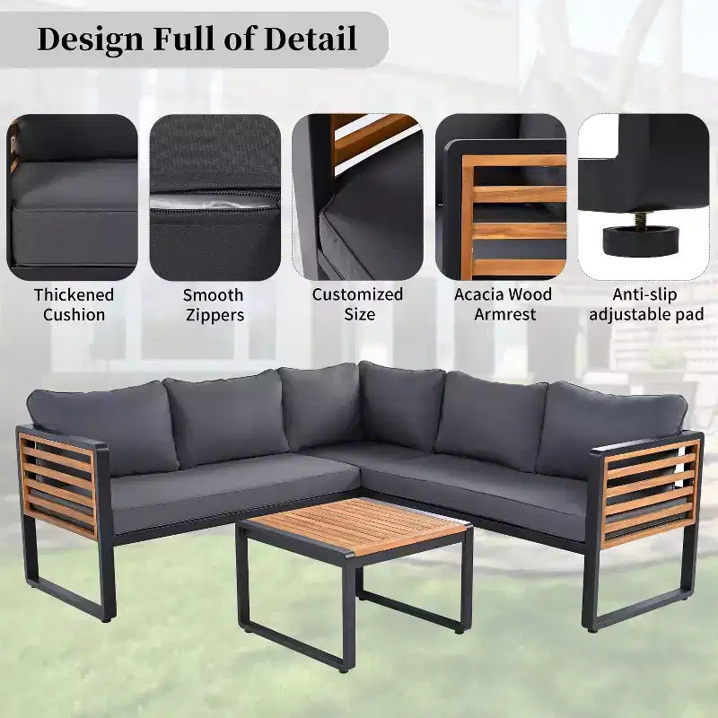 GDFStudio Cameron Patio Modern Acacia Wood & Metal 4-Piece L-Shaped Sectional Sofa Set with Coffee Table and Cushions