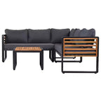 GDFStudio Cameron Patio Modern Acacia Wood & Metal 4-Piece L-Shaped Sectional Sofa Set with Coffee Table and Cushions