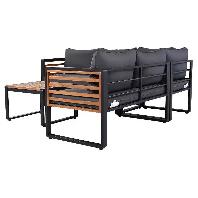GDFStudio Cameron Patio Modern Acacia Wood & Metal 4-Piece L-Shaped Sectional Sofa Set with Coffee Table and Cushions